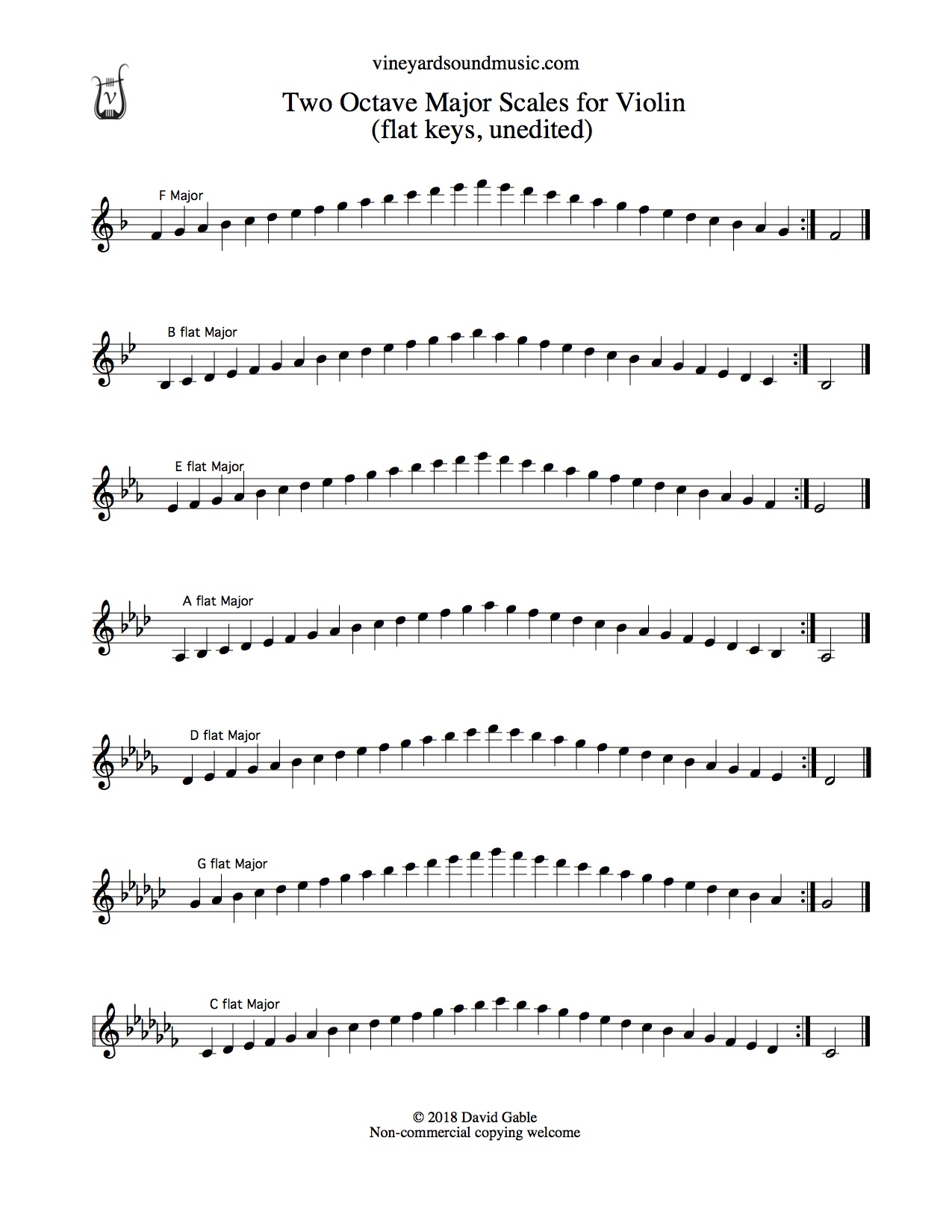 Violin Major Scales 2 Octaves Flat Keys Vineyard Sound Music