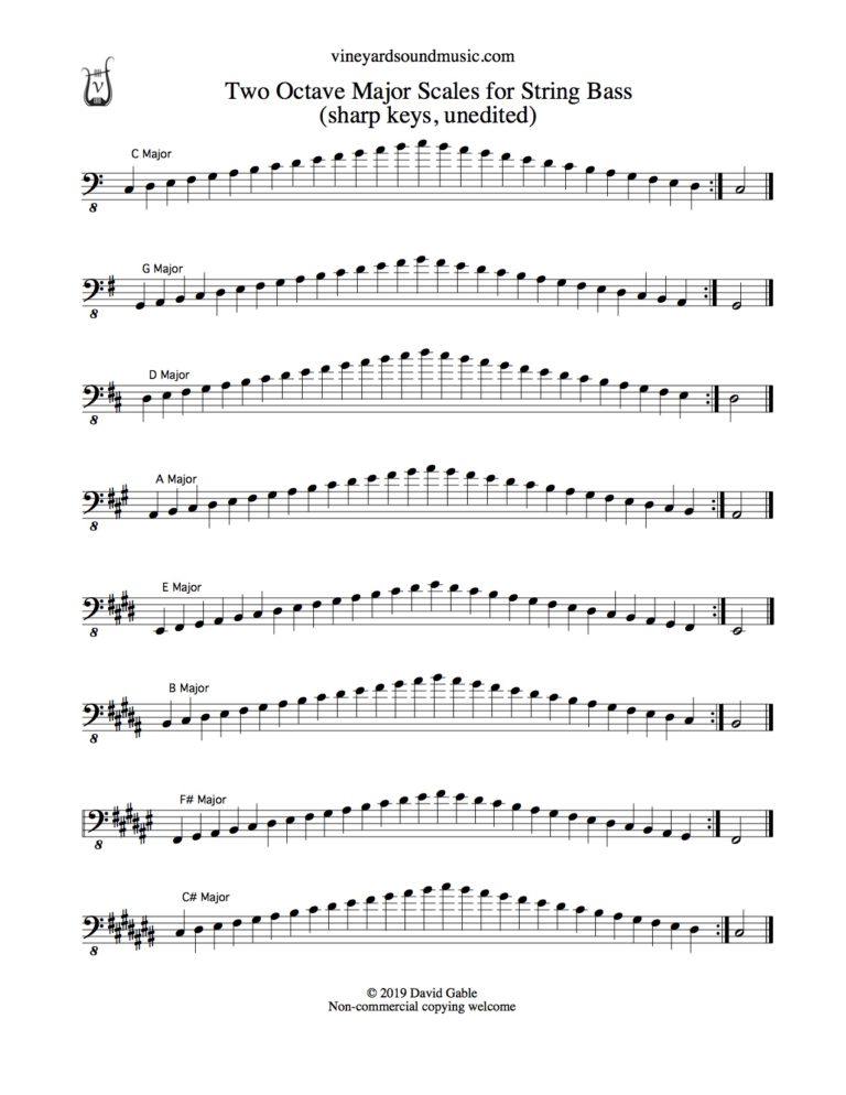 String Bass, Major Scales, two octaves, sharp keys and C – Vineyard