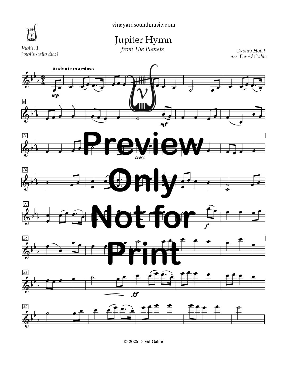 Jupiter Hymn, from The Planets (violin cello duo)