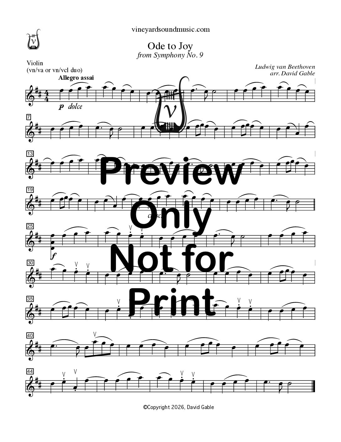 Ode to Joy, from Symphony no. 9 (violin/viola or violin/cello duo)