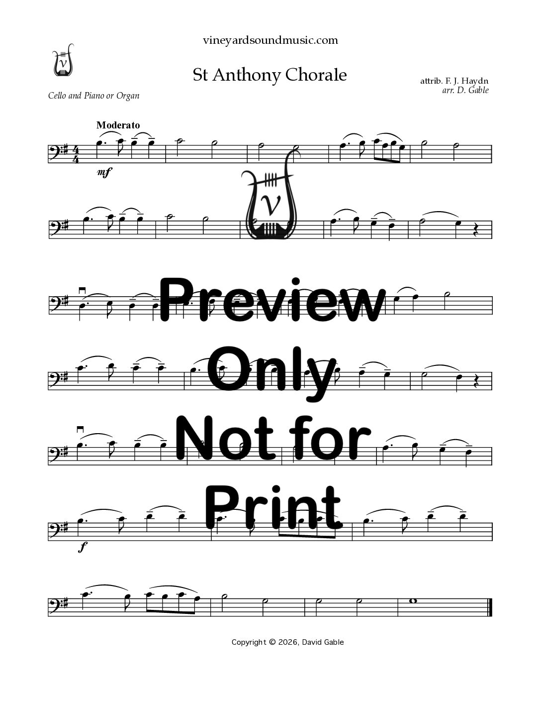 St Anthony Chorale (cello and piano or organ)