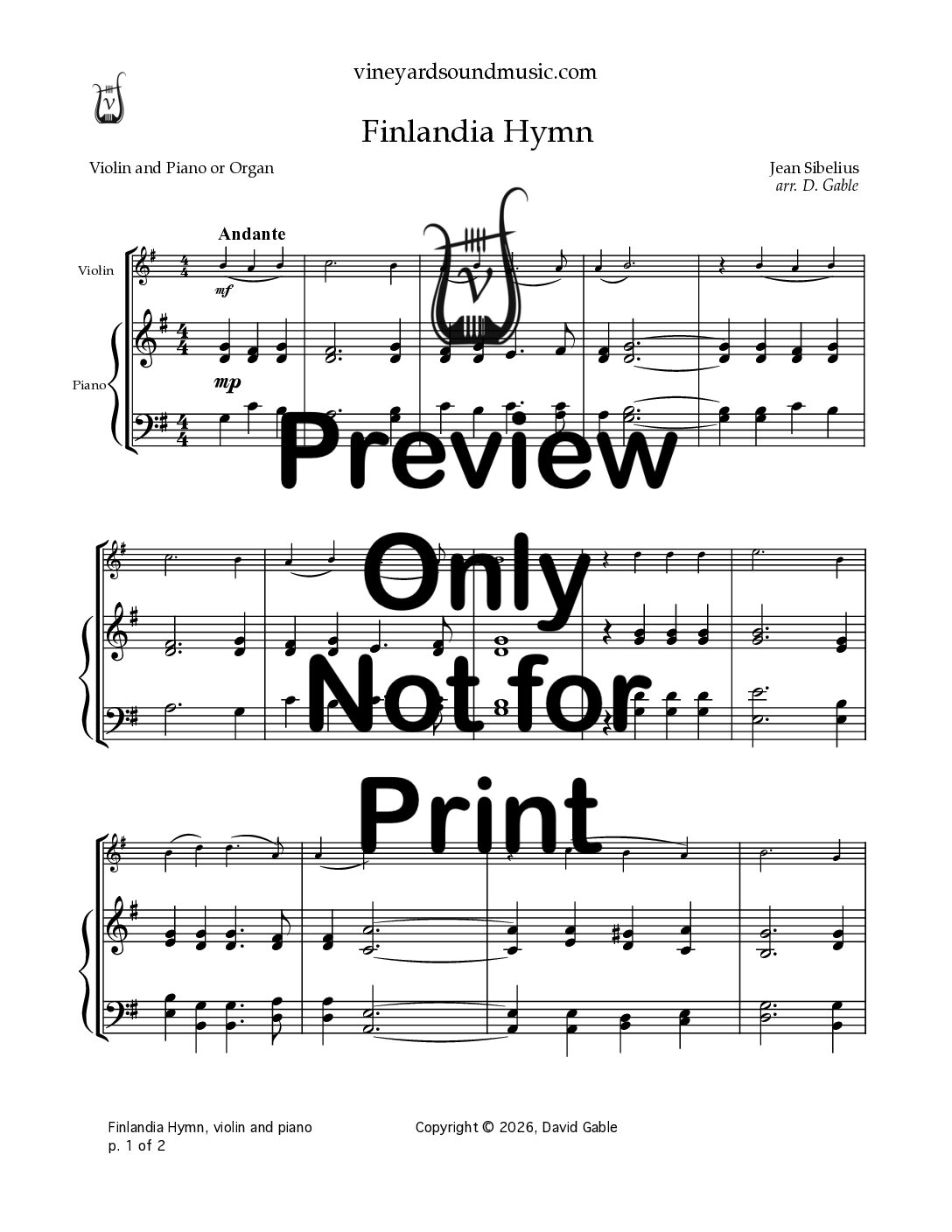 Finlandia Hymn (violin and piano or organ)