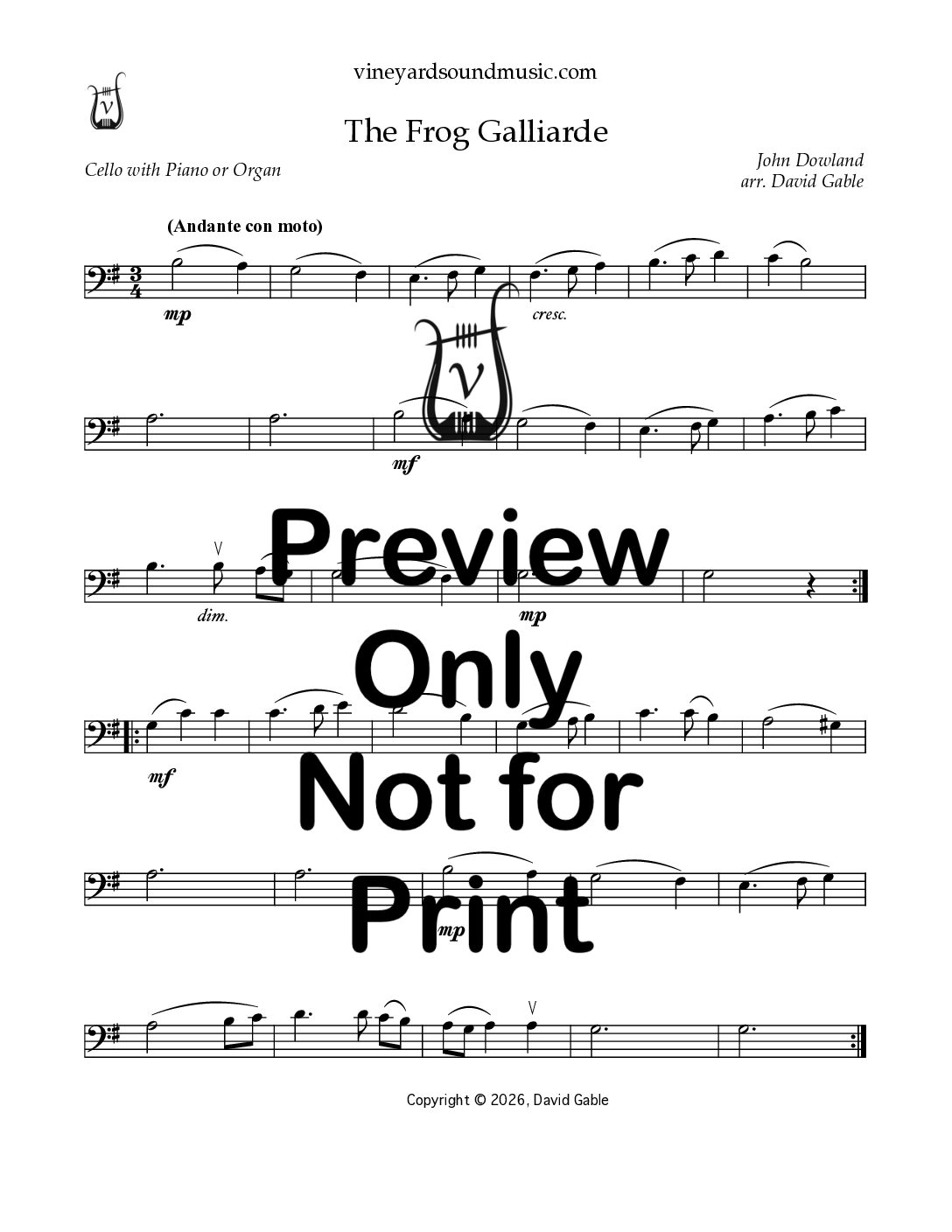 Frog Galliarde, The (cello and piano or organ)
