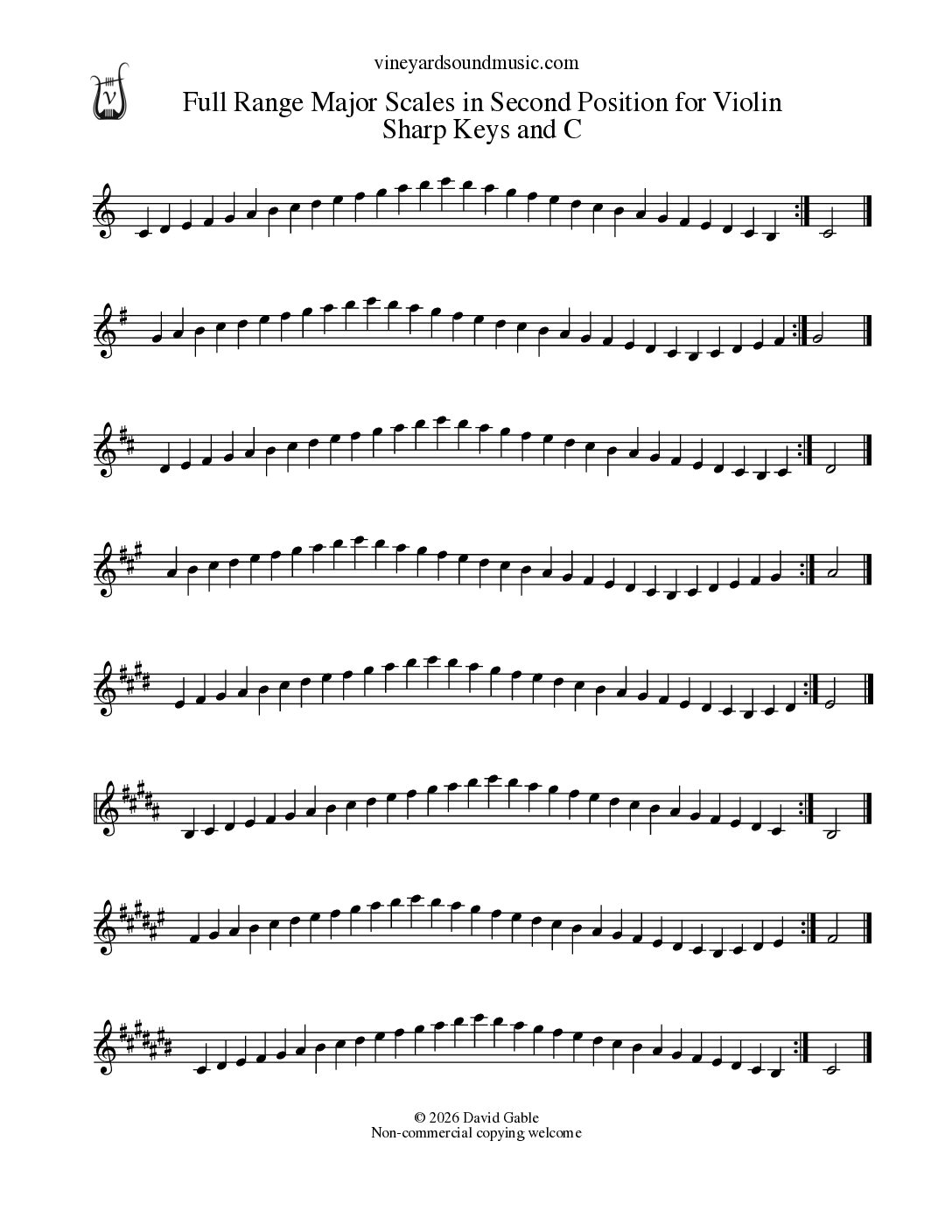 Violin, Full Range Major Scales in Second Position, All Keys